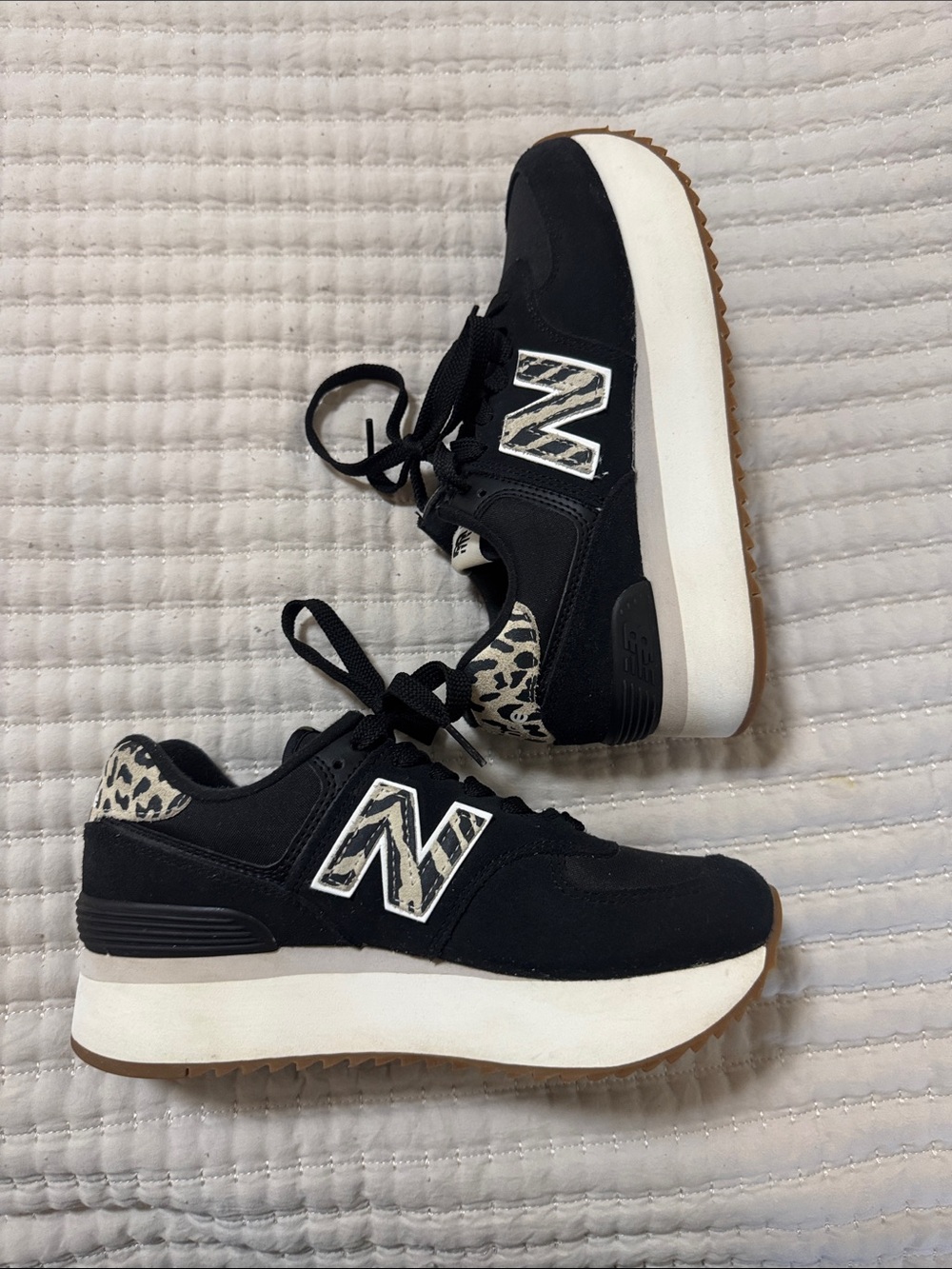 New Balance Black and White Platform Sneakers with Leopard Trim